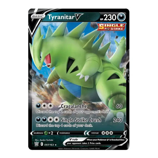 A single Pokémon trading card for Tyranitar V, shown against a plain white background. The card features a green creature illustration, black border, and printed stats including HP 230 and the Single Strike Crush ability.