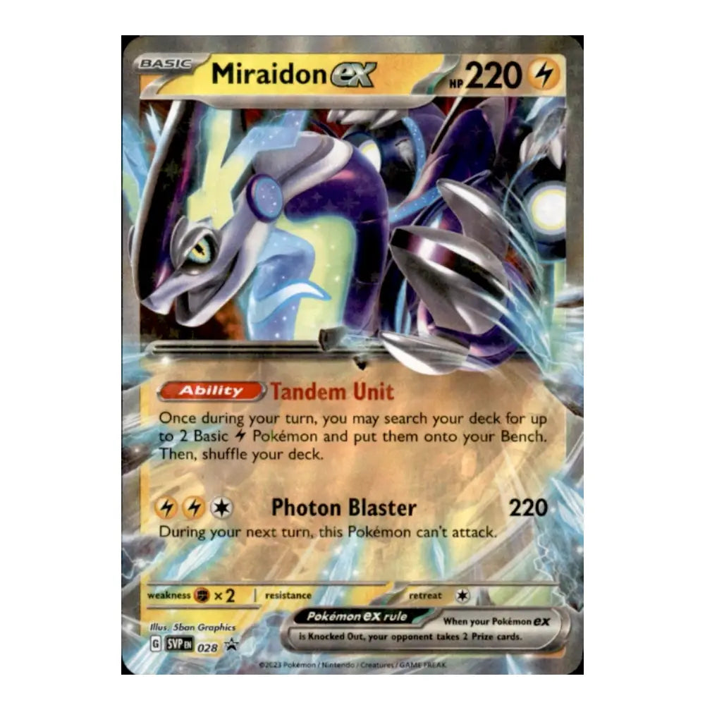 A single Pokémon trading card for Miraidon GX, featuring artwork of the blue and purple dragon-like Pokémon with a gold border and black background.