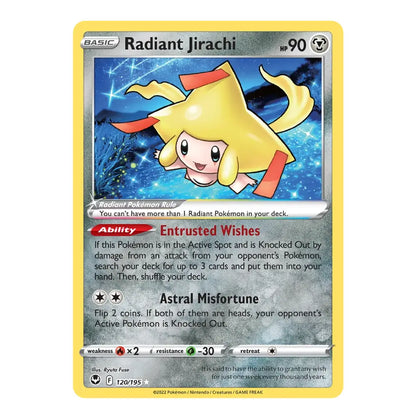 A single Pokémon trading card for Radiant Jirachi from the Basic set, shown against a plain white background. The card has a yellow border, blue artwork, and black text with red and blue status text accents.