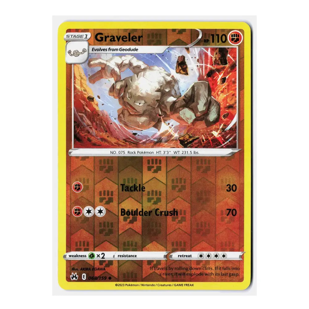 A single Pokémon trading card featuring Graveler, shown front-on against a plain white background. The card has a yellow border, red-orange artwork, and stats printed on the lower half.