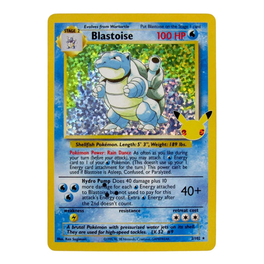 A single Pokémon trading card for Blastoise, shown front-facing on a plain white background. The card has a yellow border, blue sky and water illustration, and includes the Blastoise character art, stats, and Pokémon branding.