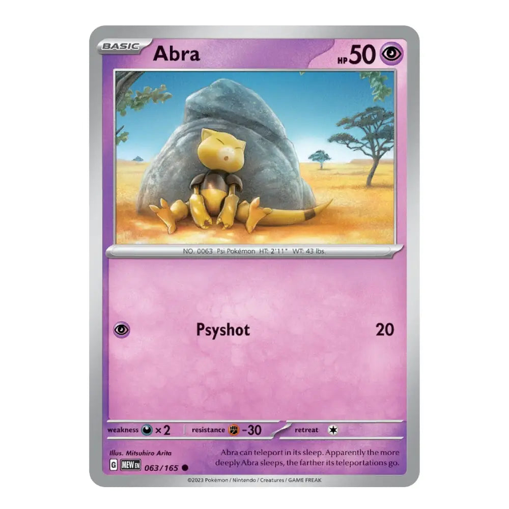 A single Pokémon trading card for Abra from the Silver Tempest expansion, featuring a purple and pink design with an illustration of Abra resting in a rock.