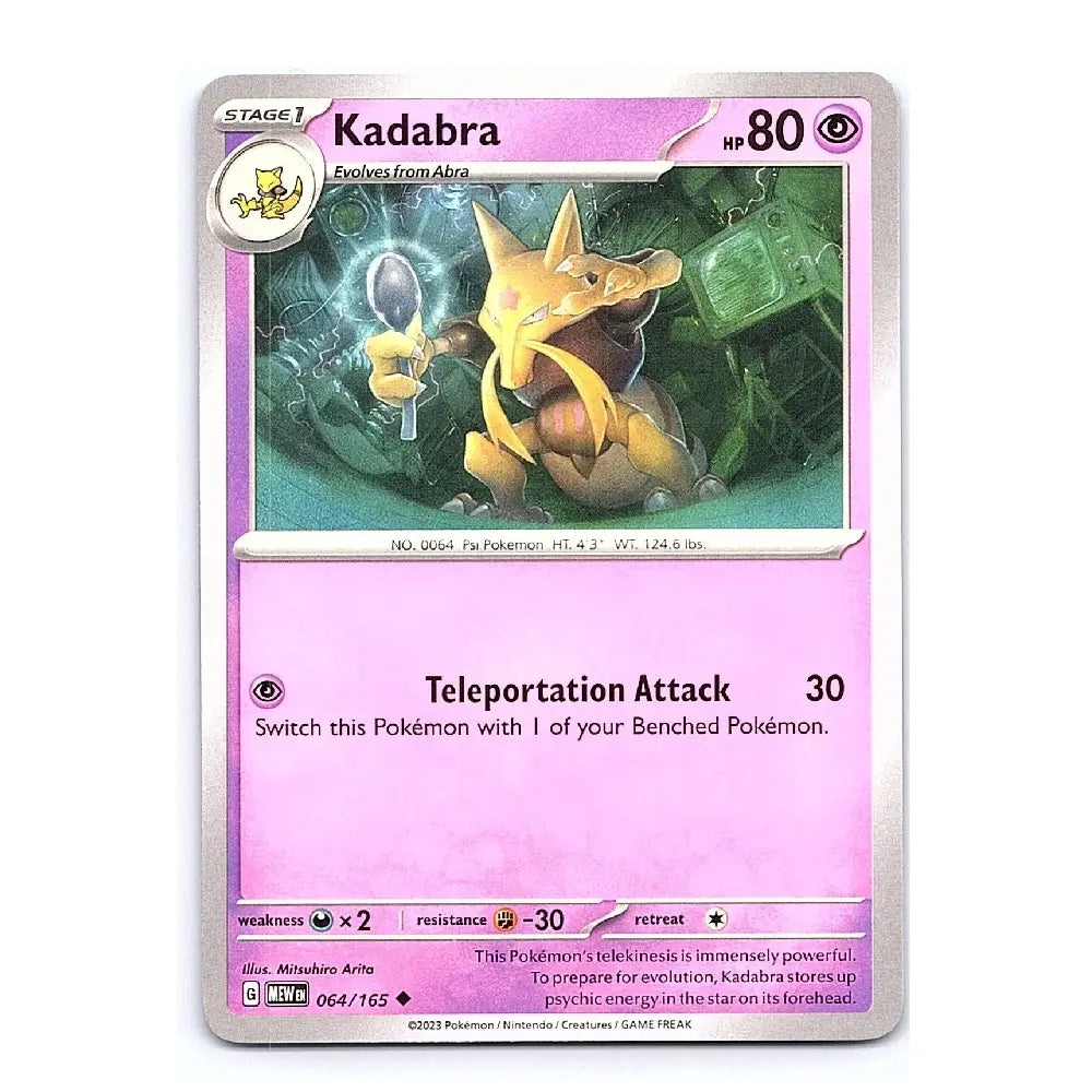 A single Pokémon trading card for Kadabra, shown flat against a plain white background. The card features a silver border, a pink lower text area, and artwork of a yellow-orange creature in the upper section.