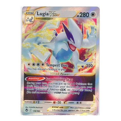 A holographic V-Star Pokémon trading card featuring Lugia, with a shimmering iridescent border and colorful artwork of the blue dragon against a fiery background.