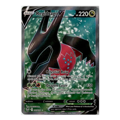 A single Pokémon trading card for Regidrago V, shown against a plain white background. The card features artwork of the Pokémon with black and red body parts against a green-blue textured backdrop, and standard card text and stats visible.