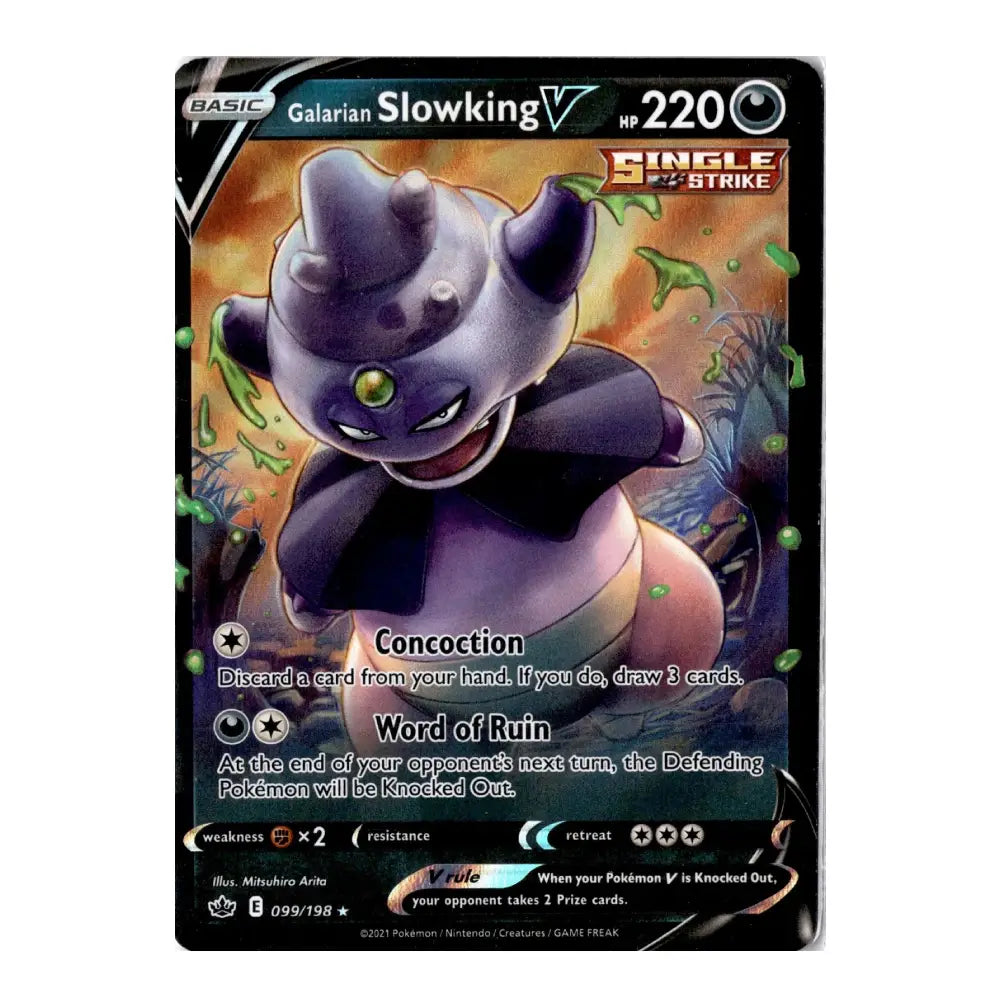 A single Pokémon trading card featuring Galarian Slowking V, a dark purple water-type creature with a green eye, from the Single Strike set. The card is shown against a plain white background.
