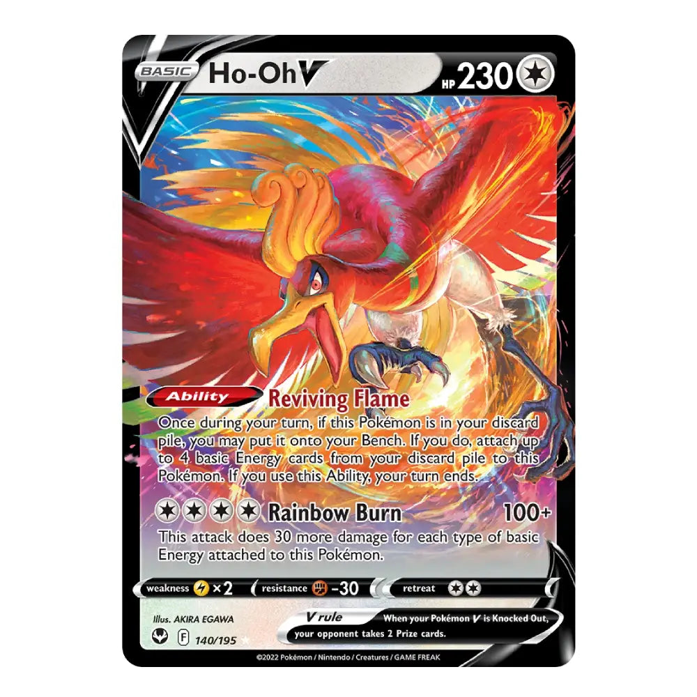 Ho-Oh V Pokémon trading card featuring vibrant full-art artwork of the legendary fire bird with Reviving Flame ability and Rainbow Burn attack, HP 230, from the Silver Tempest expansion.