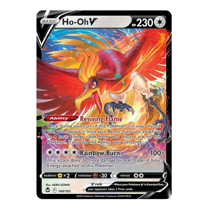 Ho-Oh V Pokémon trading card featuring vibrant full-art artwork of the legendary fire bird with Reviving Flame ability and Rainbow Burn attack, HP 230, from the Silver Tempest expansion.