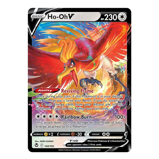 Ho-Oh V Pokémon trading card featuring vibrant full-art artwork of the legendary fire bird with Reviving Flame ability and Rainbow Burn attack, HP 230, from the Silver Tempest expansion.