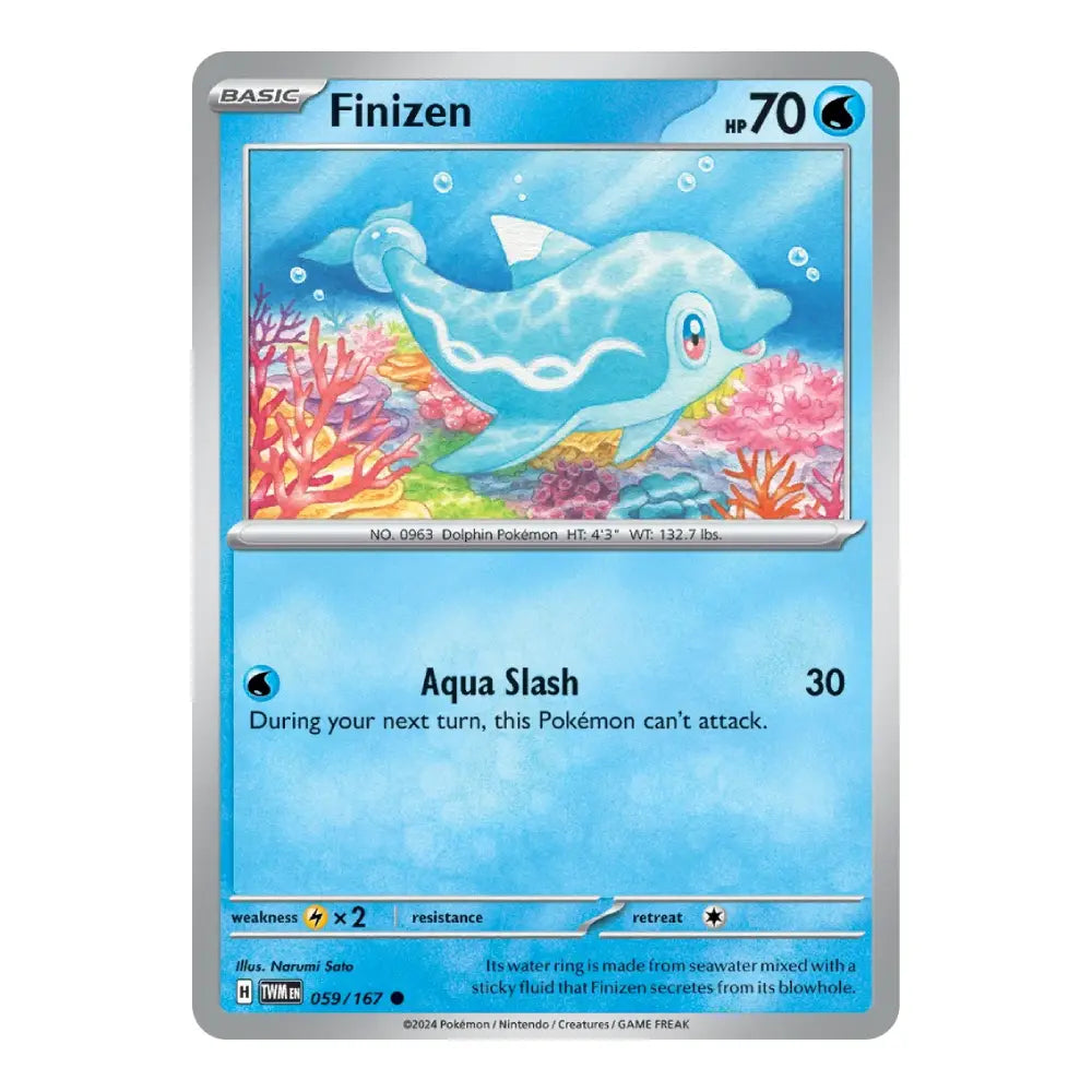 A single Pokémon trading card for Finizen from the Basic set, featuring a blue dolphin illustration underwater with coral, on a silver-bordered card.