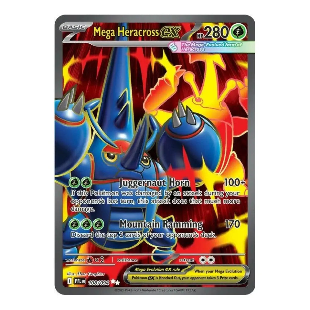 A single Pokémon trading card featuring Mega Heracross from the XY Evolutions set. The card has a dark gray border, a blue and red fiery illustration of Mega Heracross, and visible text including 'Mega Heracross EX', '280', 'Juggernaut Horn', and 'Mountain Ramming'.