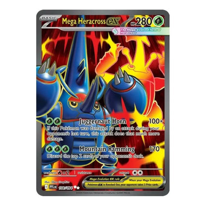 A single Pokémon trading card featuring Mega Heracross from the XY Evolutions set. The card has a dark gray border, a blue and red fiery illustration of Mega Heracross, and visible text including 'Mega Heracross EX', '280', 'Juggernaut Horn', and 'Mountain Ramming'.