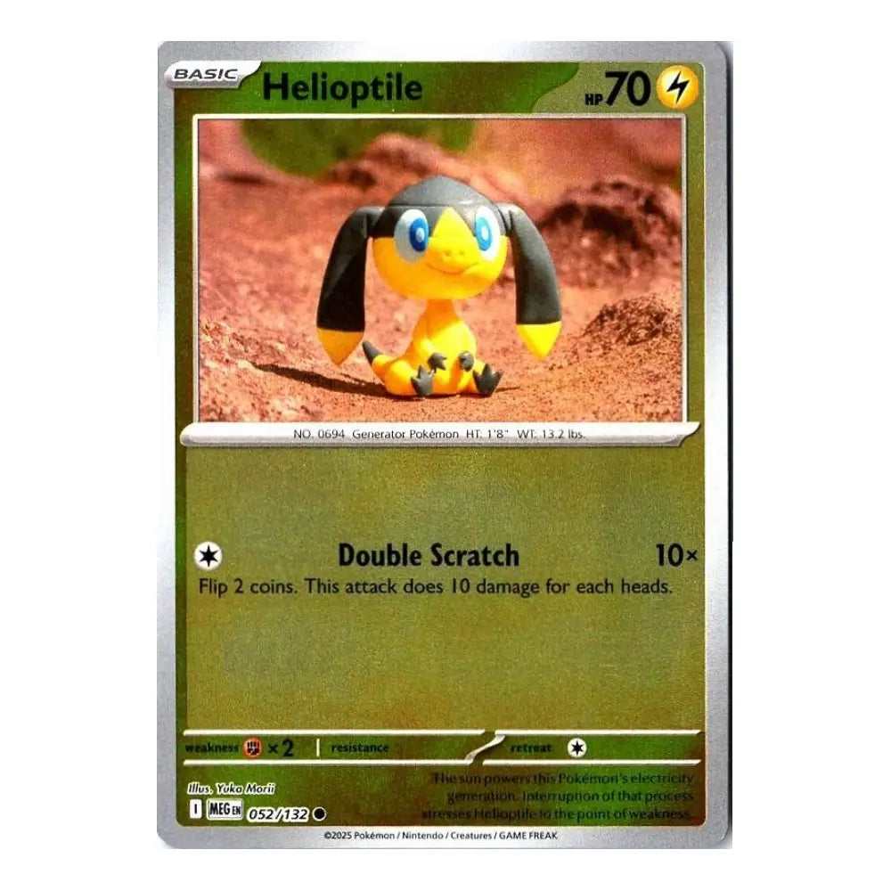 A single Pokémon trading card for Helioptile from the Basic set, shown against a plain white background. The card features a green and gold design with an illustration of the yellow and black creature above the attack text.
