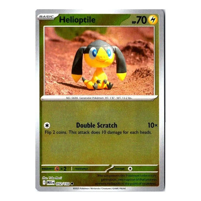 A single Pokémon trading card for Helioptile from the Basic set, shown against a plain white background. The card features a green and gold design with an illustration of the yellow and black creature above the attack text.