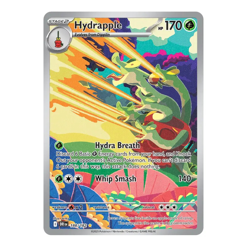 A Pokémon trading card featuring the character Hydրapple, with a colorful fantasy illustration of a green dragon-like creature breathing water and shooting water jets. The card has a silver border and text details including 'Hydrapple', '170', and attack names 'Hydra Breath' and 'Whip Smash'.