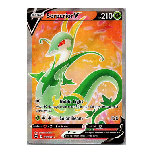 A single Pokémon trading card featuring Serperion V, a green dragon-type Pokémon, with a fiery orange and yellow background. The card includes game text, attack labels, and a black border with a silver foil edge.