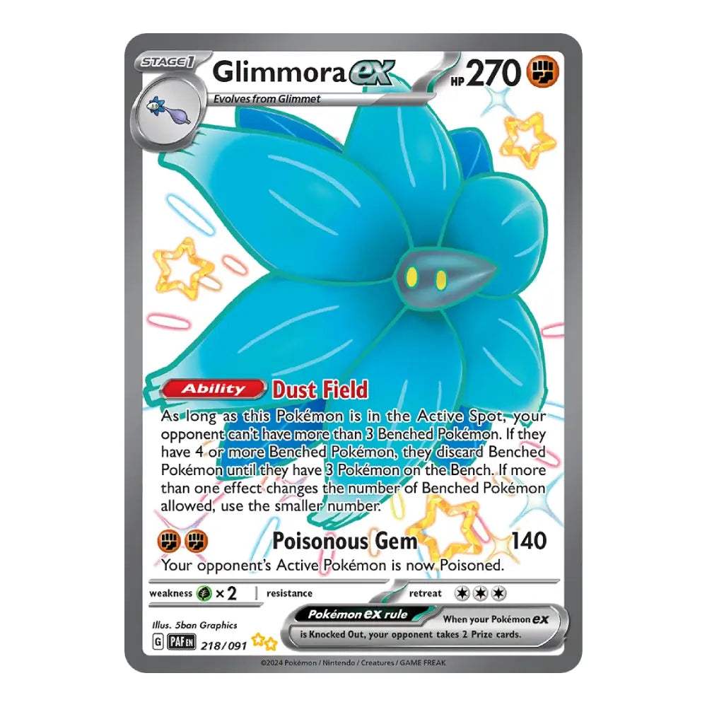 A single Pokémon trading card for Glimmora EX, shown flat against a plain white background. The card features a large blue flower-like Glimmora with yellow eyes, silver and black border elements, and printed text including 'Stage 1', 'HP 270', and 'Dust Field' and 'Poisonous Gem'.