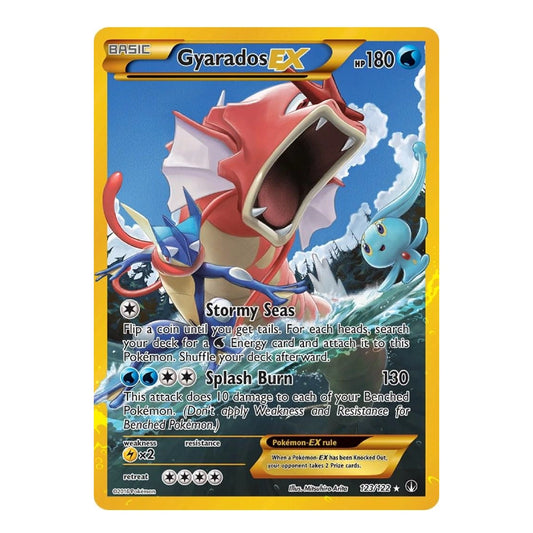 A single Pokémon trading card for Gyarados EX from the Basic set, featuring artwork of Gyarados with blue water and a small blue Pokémon behind it, shown on a plain white background.