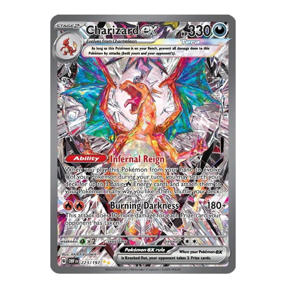 A Charizard ex Eevee Pokémon TCG trading card from the 2024 Origins GF/EX set, featuring a vibrant holographic design with a silver foil border and multicolored artwork of Charizard with rainbow wings.