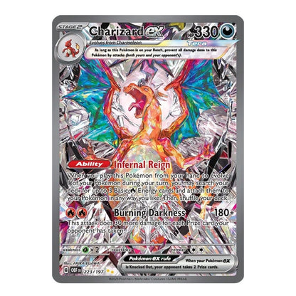 A Charizard ex Eevee Pokémon TCG trading card from the 2024 Origins GF/EX set, featuring a vibrant holographic design with a silver foil border and multicolored artwork of Charizard with rainbow wings.