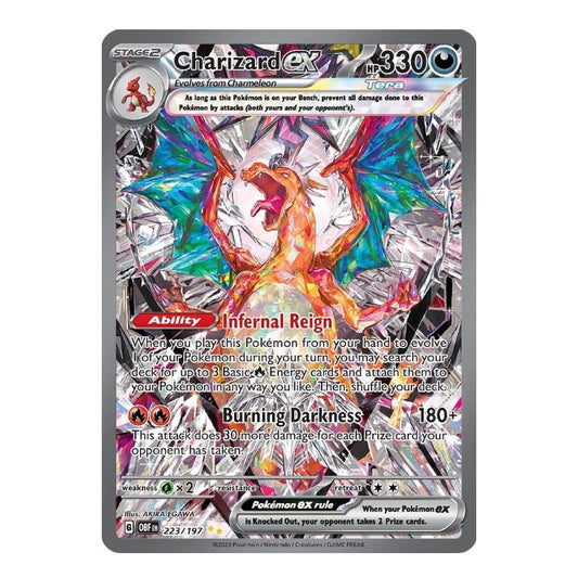 A Charizard ex Eevee Pokémon TCG trading card from the 2024 Origins GF/EX set, featuring a vibrant holographic design with a silver foil border and multicolored artwork of Charizard with rainbow wings.