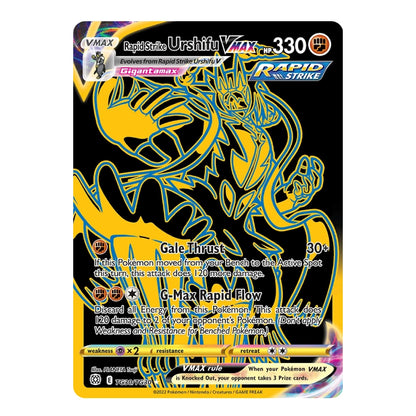 A single Pokémon trading card featuring a large stylized yellow and blue monster illustration on a black background, with VMAX branding, attack text, and a holographic foil finish.