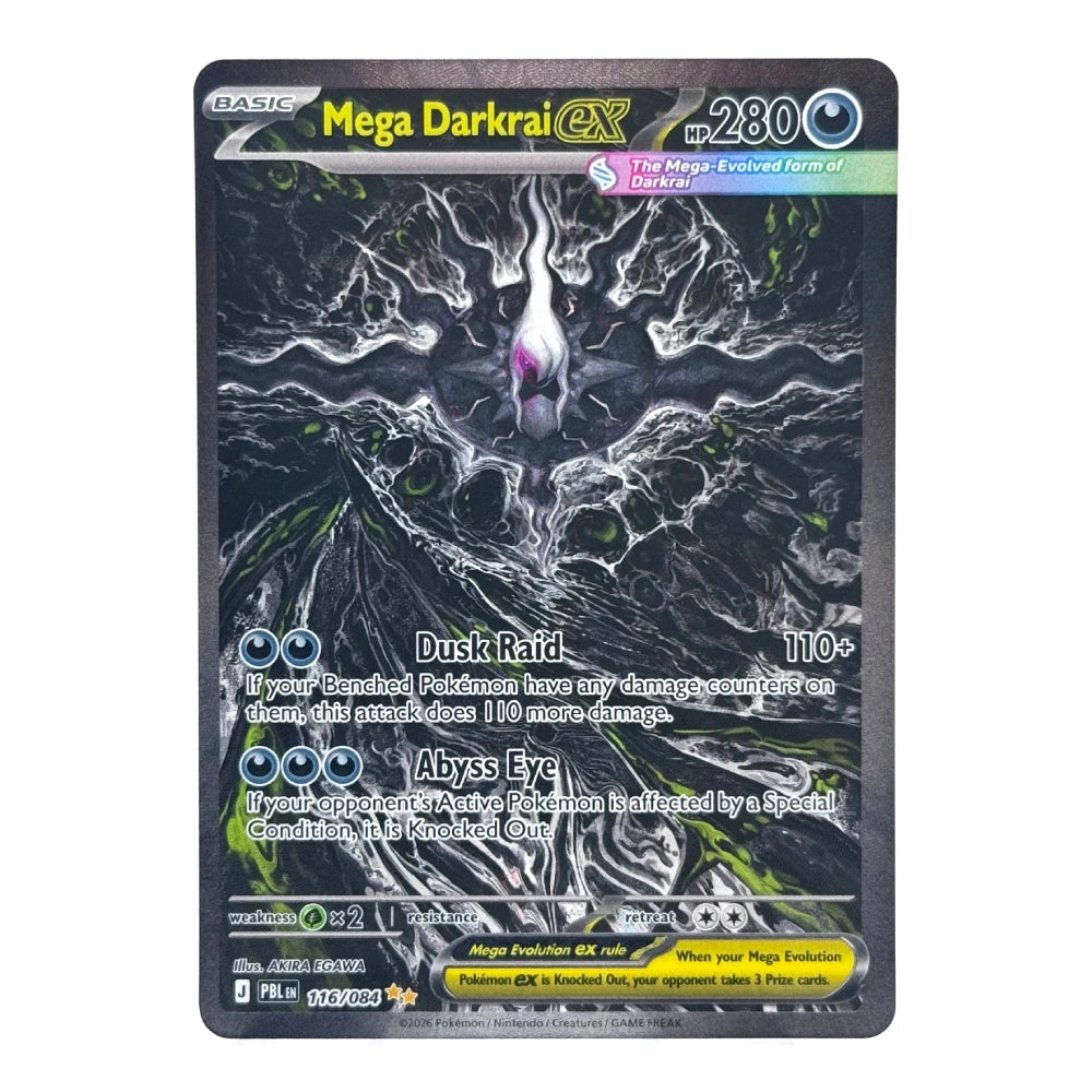 A single Pokémon trading card for Mega Darkrai EX, shown flat against a plain white background. The card features dark charcoal/black artwork with swirling gray and white energy effects, a glowing purple figure, and multicolored text boxes including a yellow nameplate and blue HP text.