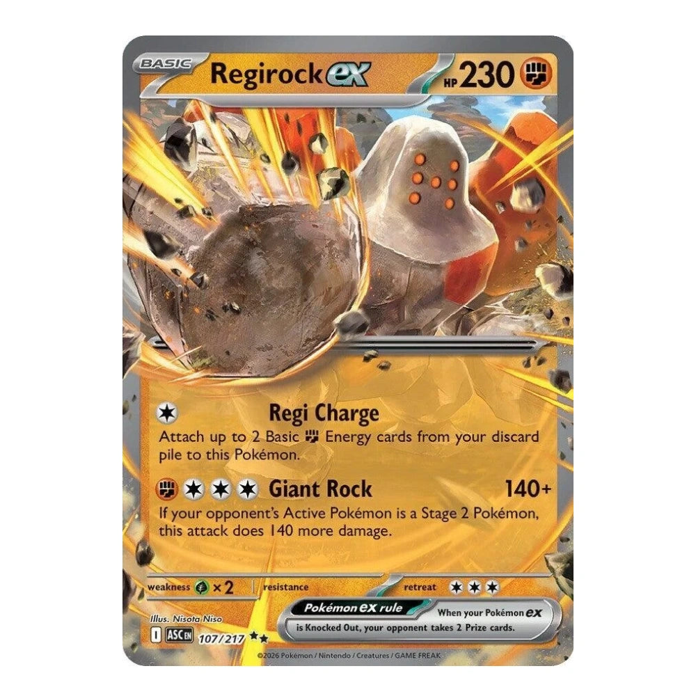 A single Pokémon TCG trading card for Regirock EX, shown flat against a plain white background. The card features artwork of a gray rock-type creature with orange accents, a gold/yellow energy bar, and black text boxes.