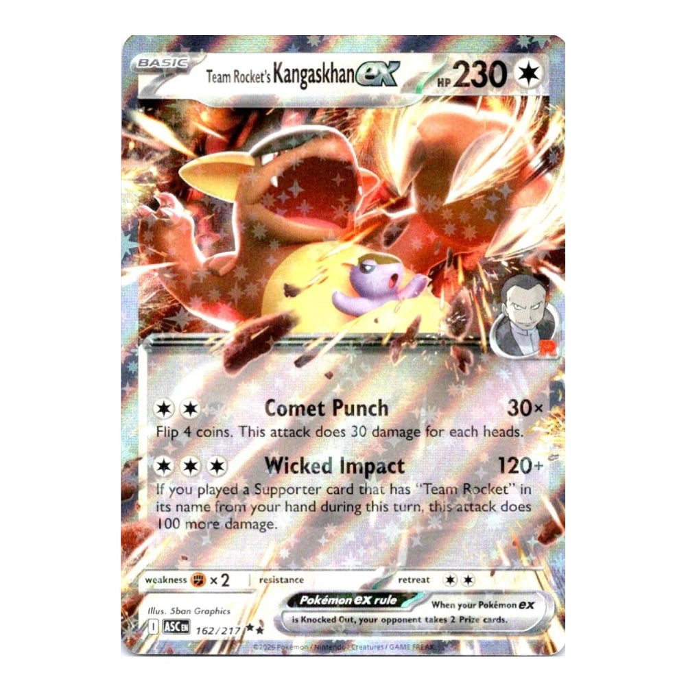 A single Pokémon TCG trading card featuring Kangaskhan with the Team Rocket ex logo, shown against a plain white background. The card has a gold foil border and artwork of Kangaskhan with a yellow body, red wings, and a purple beak.