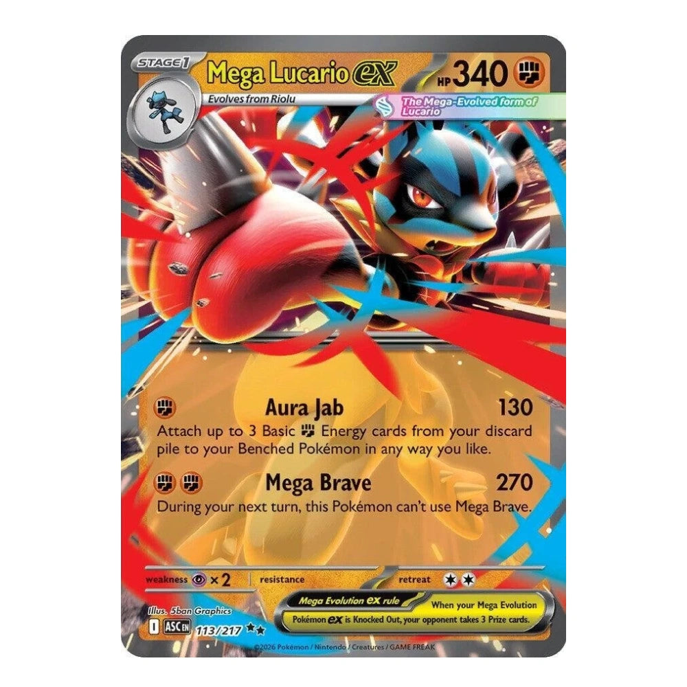 A single Pokémon trading card featuring Mega Lucario EX, with colorful artwork of the Pokémon, stats, and card text on a plain light background.