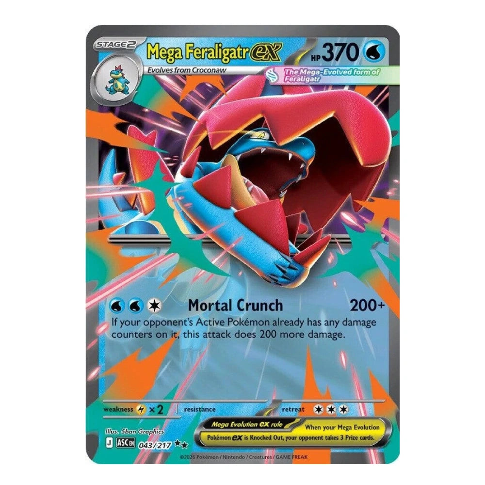 A single Pokémon trading card featuring Mega Feraligatr EX, with a colorful illustrated character and game text on a dark card border.