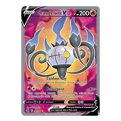 A single Pokémon trading card for Chandelure, shown against a plain white background. The card features Chandelure with glowing yellow eyes and dark curled arms, surrounded by orange, yellow, and blue flames.
