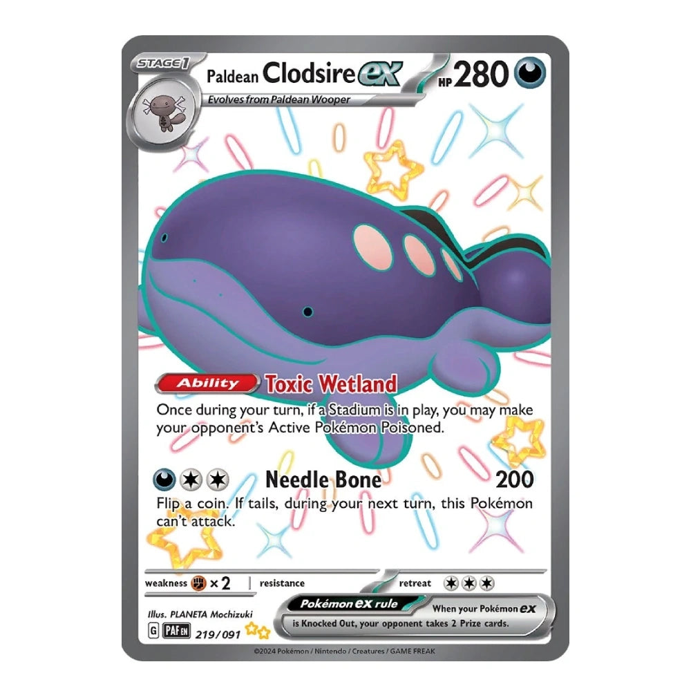Pokémon TCG Paldean Clodsire ex card featuring the Poison-type Pokémon with 280 HP, a colorful star-patterned background, and Toxic Wetland ability.