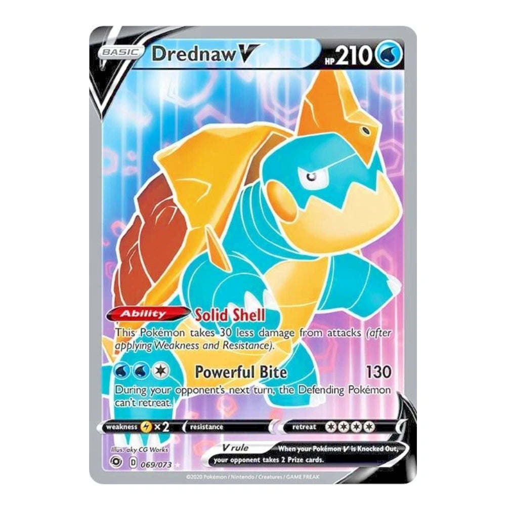 A single Pokémon trading card featuring Drednaw V, shown against a plain white background. The card has a silver border and displays colorful artwork with blue, yellow, orange, and pink tones.