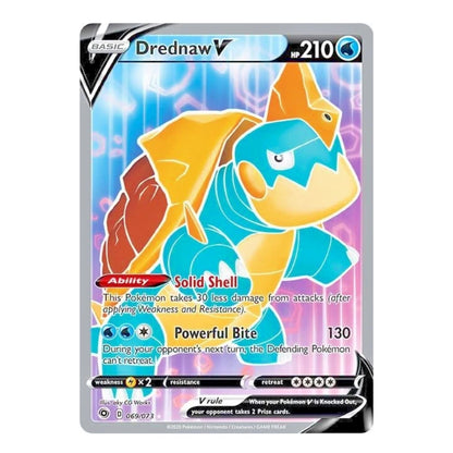 A single Pokémon trading card featuring Drednaw V, shown against a plain white background. The card has a silver border and displays colorful artwork with blue, yellow, orange, and pink tones.