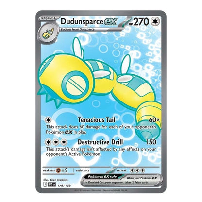 Pokémon TCG Dudunsparce ex card featuring the Normal-type Pokémon with 270 HP against a bright blue bubble-patterned background.