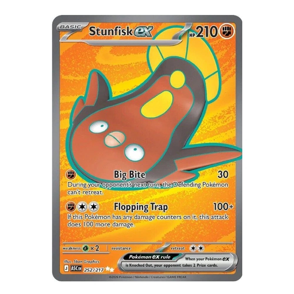 A single Pokémon trading card for Stunskf ex, shown against a plain white background. The card features a yellow-orange textured background with a large brown and black cat-like creature illustration, plus game text and stats printed on the card.