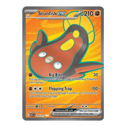 A single Pokémon trading card for Stunskf ex, shown against a plain white background. The card features a yellow-orange textured background with a large brown and black cat-like creature illustration, plus game text and stats printed on the card.
