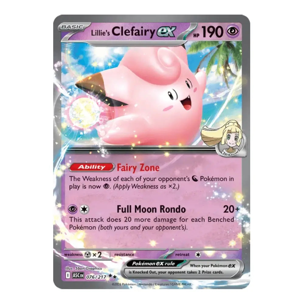 A single Pokémon trading card featuring Lilille's Clefairy EX, with a pink Clefairy illustration, purple and silver card frame, and visible Pokémon branding at the bottom.