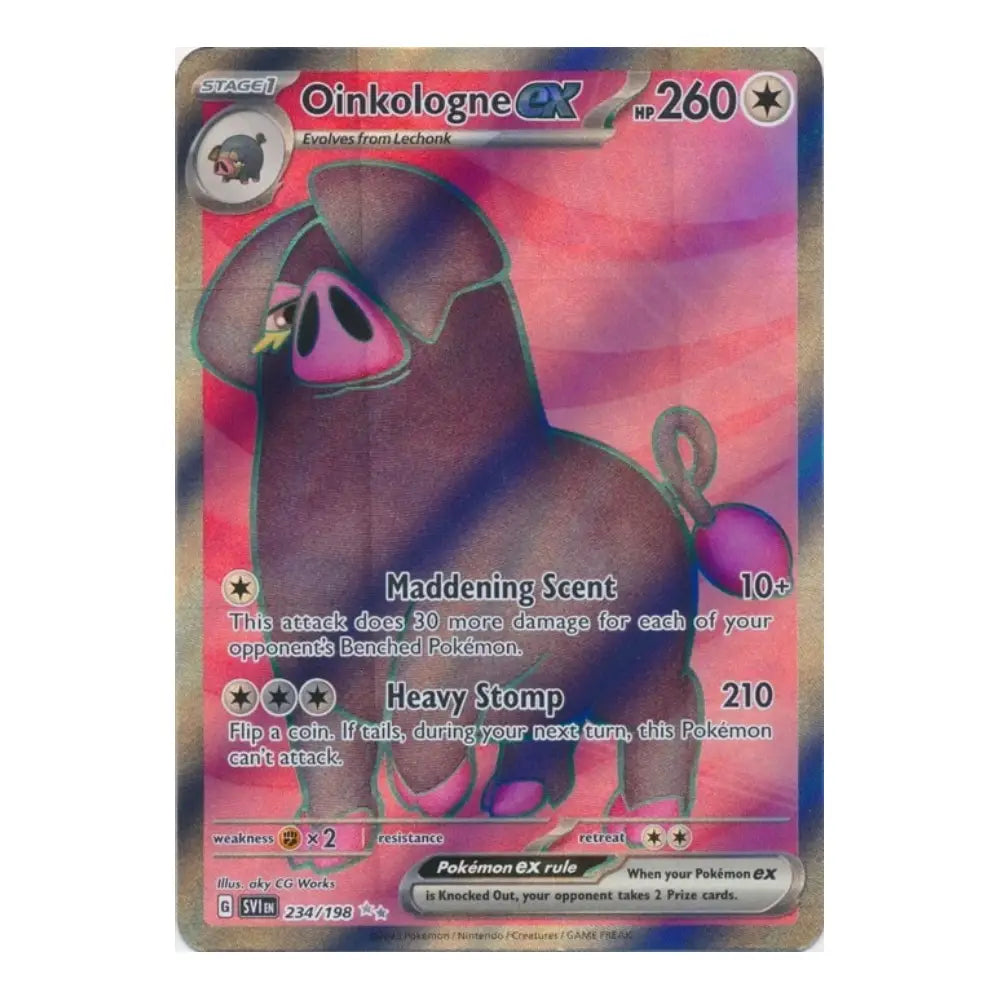 A single Pokémon trading card featuring Oinkologne EX, shown against a plain white background. The card has an iridescent holographic border and displays the character artwork, stats, and Pokémon branding.