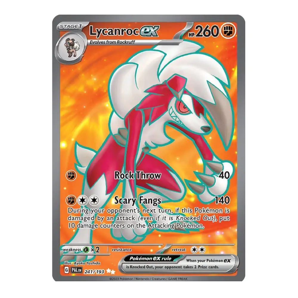 A single Pokémon trading card featuring the character Lycanroc EX, shown against a plain white background. The card has a bright orange and yellow gradient background with a gray border and detailed character artwork in white, red, and teal.