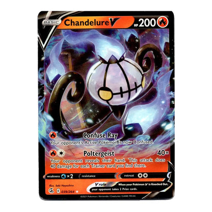 A single Pokémon trading card for Chandelure, shown upright against a plain white background. The card features Chandelure artwork with purple, blue, black, and white tones, and visible text including 'Chandelure', '200', and 'B' for Basic.