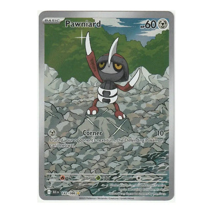 A single Pokémon trading card featuring the character Pawniard, shown against a plain white background. The card has a gray border and printed artwork of Pawniard standing on rocks with green hills behind it.