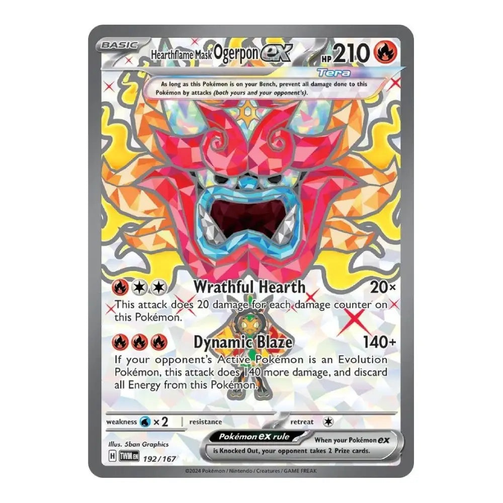 A single Pokémon trading card for Heartmare Male Ogerpon, featuring a colorful illustration of a horse head with red, pink, blue, and yellow tones on a gray card border. Visible text includes 'Heartmare Male Ogerpon', 'Trainer', 'Wrathful Hearth', and 'Dynamic Blaze'.