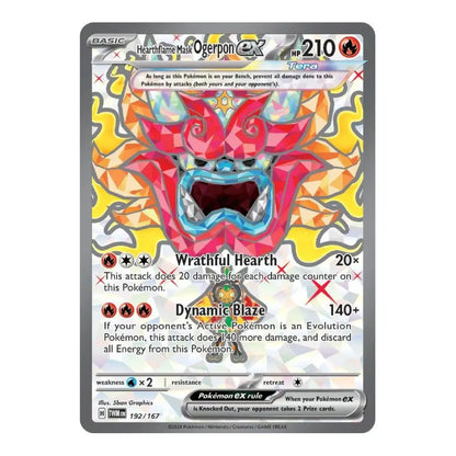 A single Pokémon trading card for Heartmare Male Ogerpon, featuring a colorful illustration of a horse head with red, pink, blue, and yellow tones on a gray card border. Visible text includes 'Heartmare Male Ogerpon', 'Trainer', 'Wrathful Hearth', and 'Dynamic Blaze'.