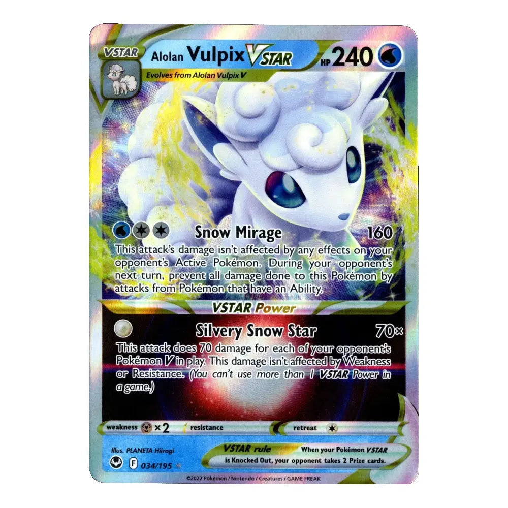 A holographic Pokémon trading card featuring Aiolan Vulpix, a VSTAR Evolving Skies card with a silver and blue color identity, set against a plain white background.
