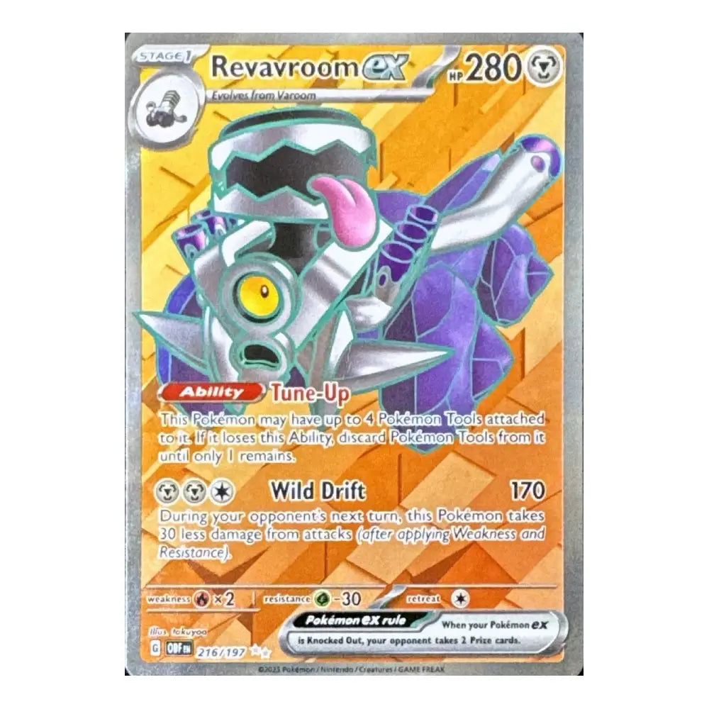 A single Pokémon trading card for Revavroom EX, shown upright against a plain light background. The card features a large illustrated creature in teal, purple, black, and pink, with orange/yellow geometric graphics behind it and standard card text boxes below.