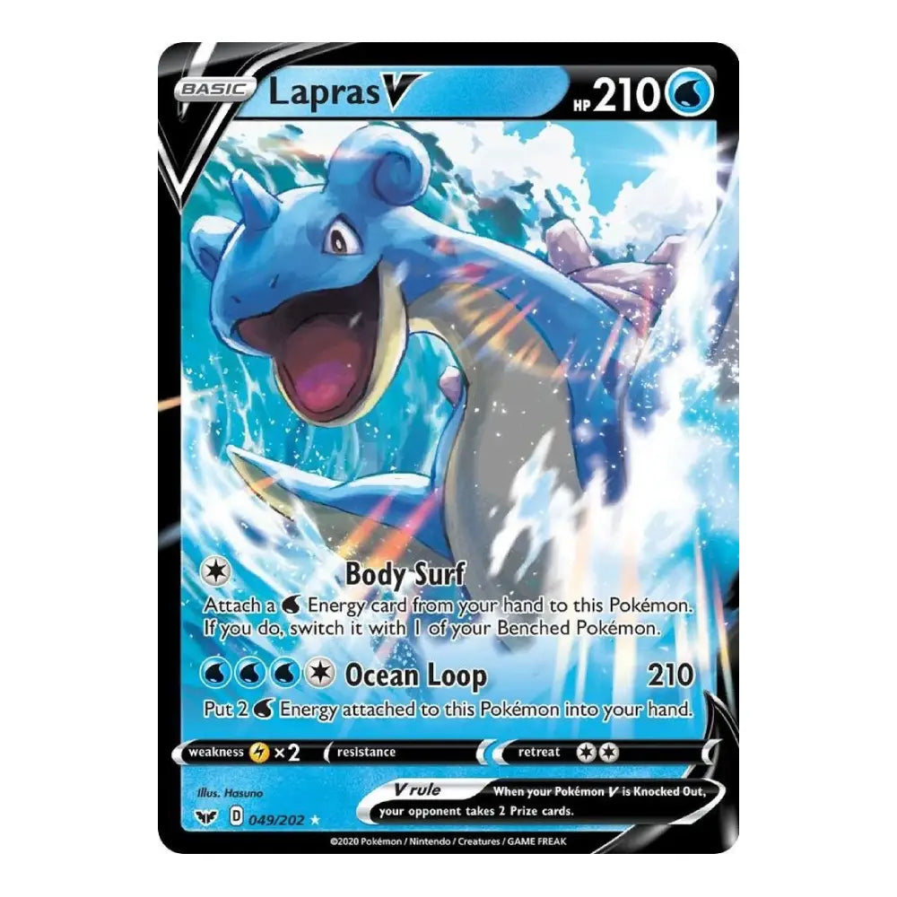 A single Pokémon trading card featuring Lapras in a blue icy ocean scene. The card has a black border, blue header, and visible text including 'BASIC', 'Lapras V', and 'HP 210'.