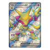 A holographic Alakazam EX trading card from the 2016 XY Evolutions set, featuring a yellow and purple Alakazam with a blue and silver holographic foil background.