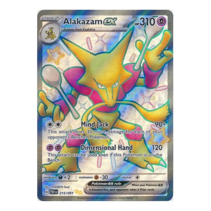 A holographic Alakazam EX trading card from the 2016 XY Evolutions set, featuring a yellow and purple Alakazam with a blue and silver holographic foil background.